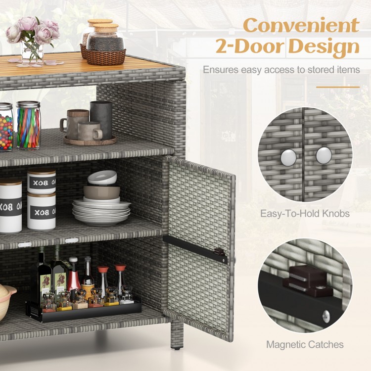Rattan storage cabinet with acacia wood countertop, featuring a 2-door design and easy-to-hold knobs for outdoor use.